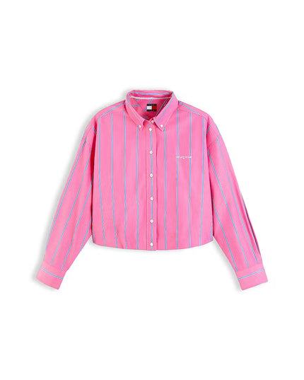 Oversized Cropped Gathered Poplin Shirt - Bright Cherise Pink Stripe