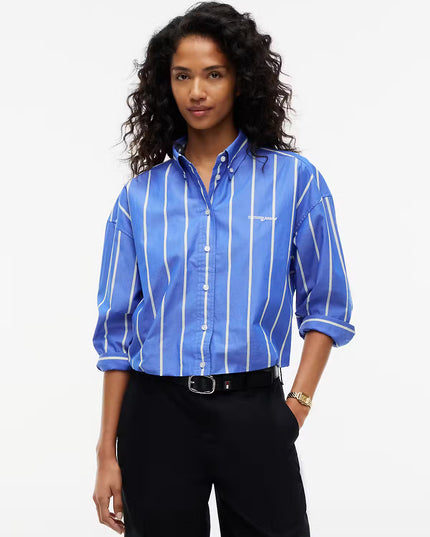 Oversized Cropped Gathered Poplin Shirt - Noble Blue Stripe