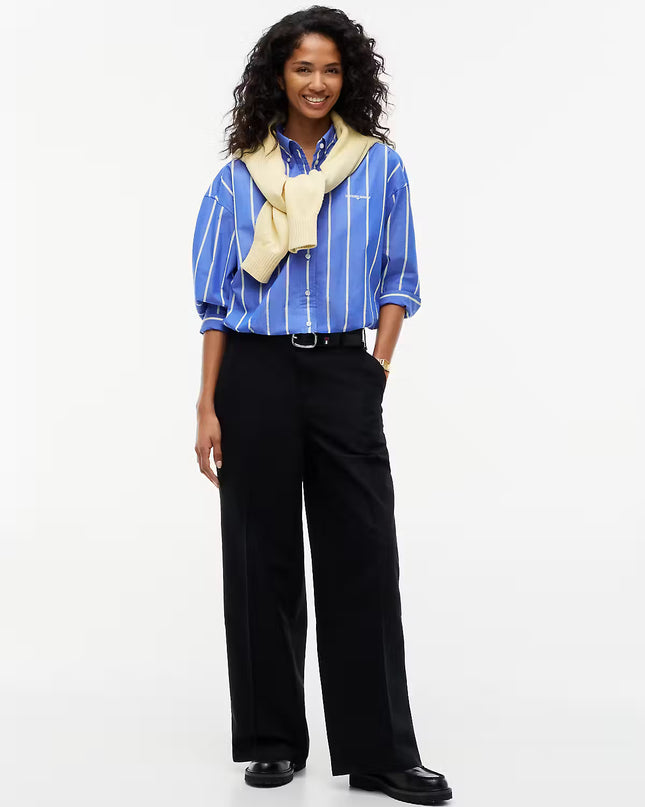Oversized Cropped Gathered Poplin Shirt - Noble Blue Stripe