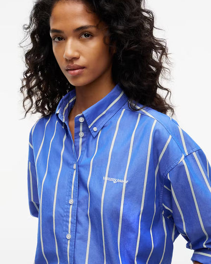 Oversized Cropped Gathered Poplin Shirt - Noble Blue Stripe