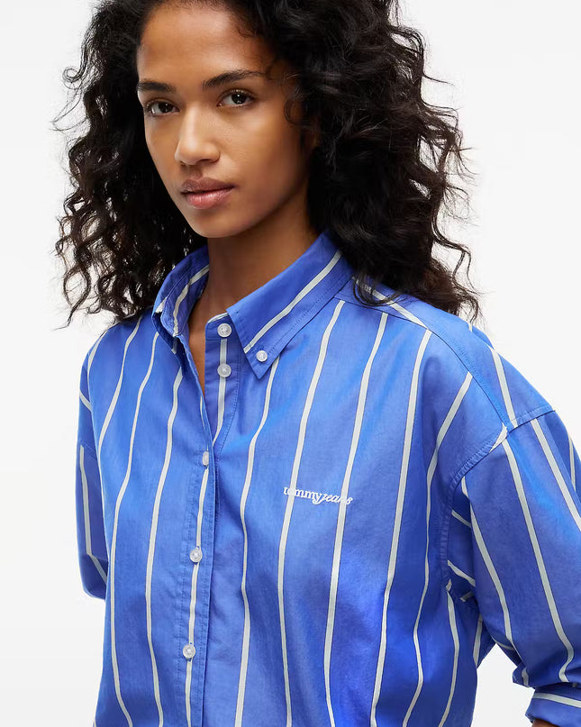 Oversized Cropped Gathered Poplin Shirt - Noble Blue Stripe