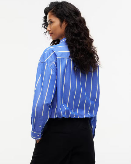 Oversized Cropped Gathered Poplin Shirt - Noble Blue Stripe