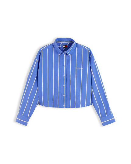 Oversized Cropped Gathered Poplin Shirt - Noble Blue Stripe