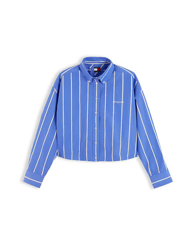 Oversized Cropped Gathered Poplin Shirt - Noble Blue Stripe