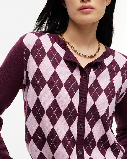 Argyle Crew Neck Cardigan - Calyso Berry/Argyle