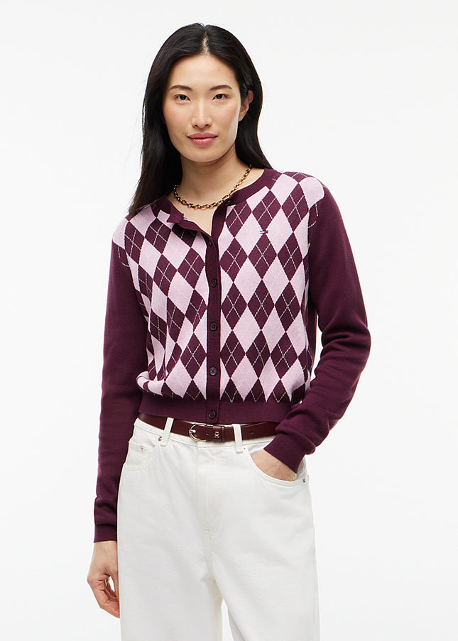 Argyle Crew Neck Cardigan - Calyso Berry/Argyle
