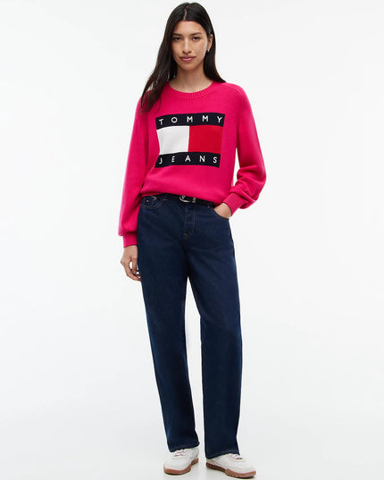 Tommy Flag Relaxed Crew Neck Jumper - Bright Cerise Pink