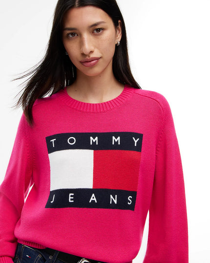 Tommy Flag Relaxed Crew Neck Jumper - Bright Cerise Pink