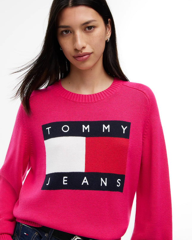 Tommy Flag Relaxed Crew Neck Jumper - Bright Cerise Pink