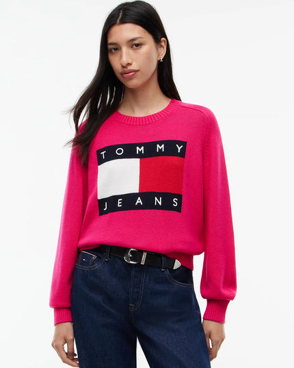 Tommy Flag Relaxed Crew Neck Jumper - Bright Cerise Pink