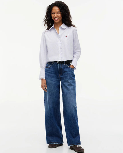 Relaxed Fit Ruffle Poplin Shirt - Blue Stripe