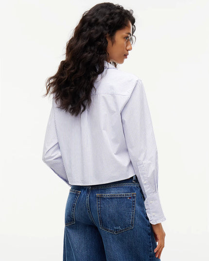 Relaxed Fit Ruffle Poplin Shirt - Blue Stripe