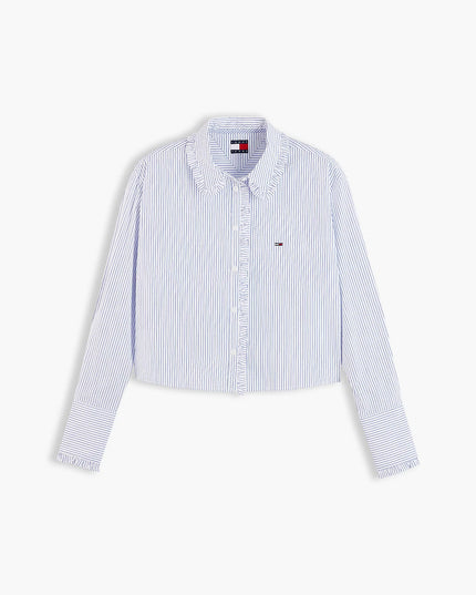 Relaxed Fit Ruffle Poplin Shirt - Blue Stripe