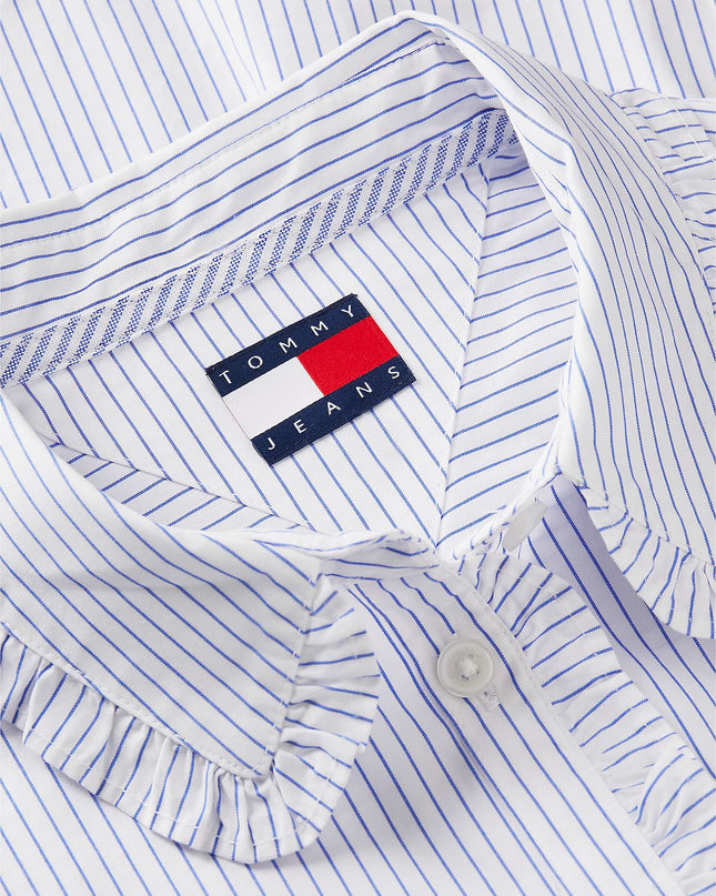 Relaxed Fit Ruffle Poplin Shirt - Blue Stripe