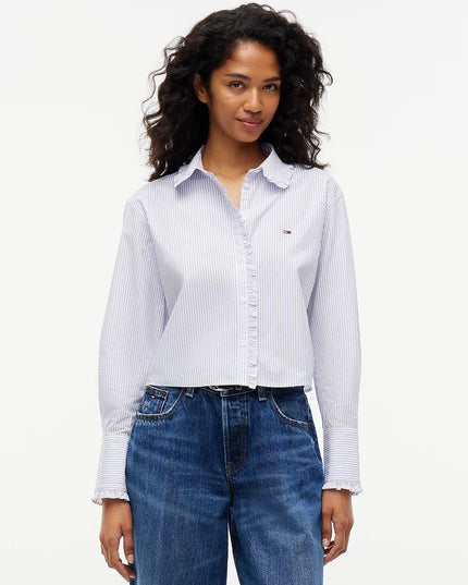 Relaxed Fit Ruffle Poplin Shirt - Blue Stripe