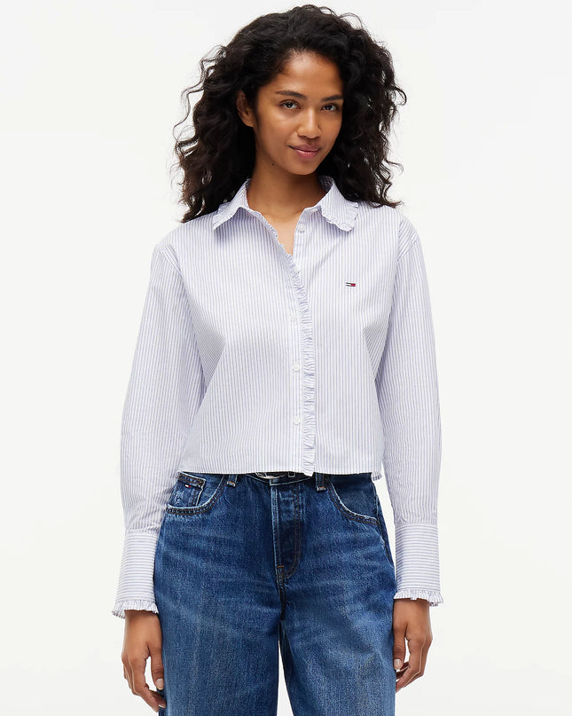 Relaxed Fit Ruffle Poplin Shirt - Blue Stripe