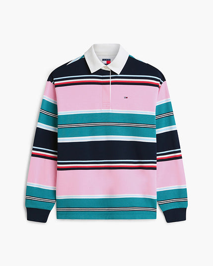 Mixed Stripe Relaxed Rugby Shirt - Pink Daisy / Multi Stripe