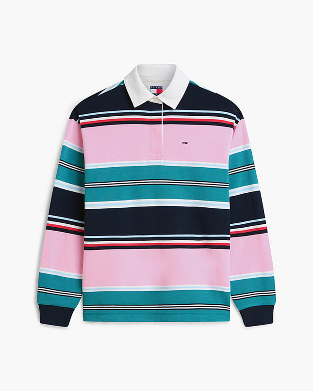 Mixed Stripe Relaxed Rugby Shirt - Pink Daisy / Multi Stripe