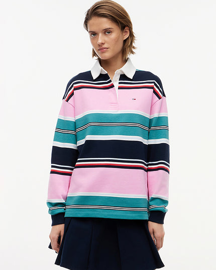 Mixed Stripe Relaxed Rugby Shirt - Pink Daisy / Multi Stripe