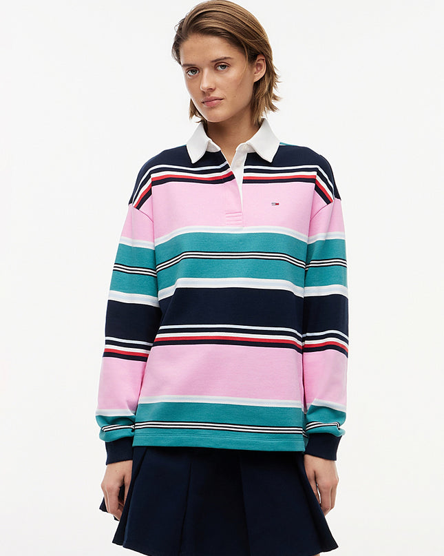 Mixed Stripe Relaxed Rugby Shirt - Pink Daisy / Multi Stripe