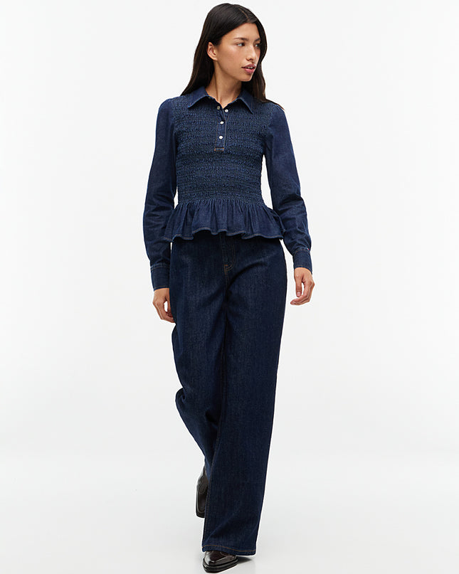 Smock Chambray Peplum Shirt - Denim Dark