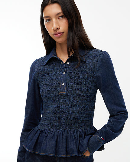 Smock Chambray Peplum Shirt - Denim Dark