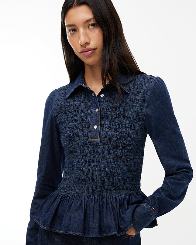 Smock Chambray Peplum Shirt - Denim Dark