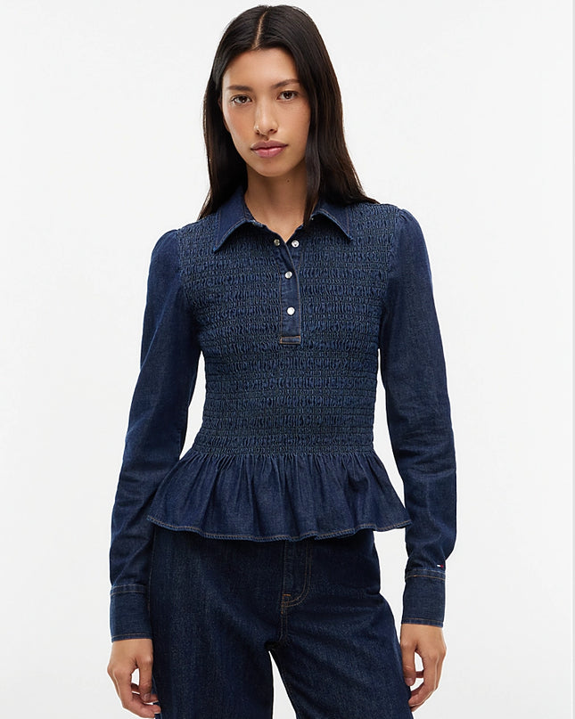 Smock Chambray Peplum Shirt - Denim Dark
