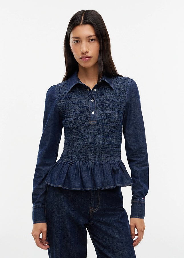 Smock Chambray Peplum Shirt - Denim Dark
