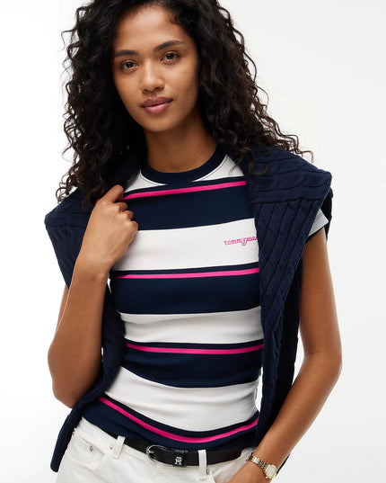 Logo Ribbed Slim T-Shirt - Off White/Stripe