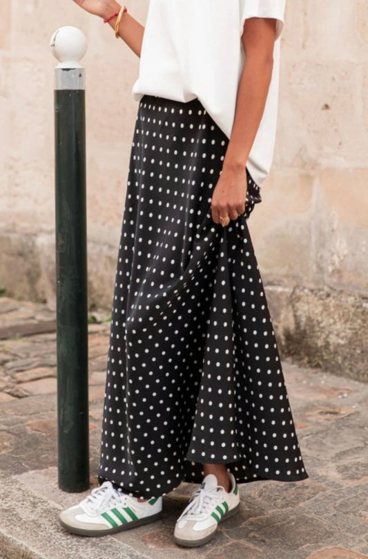 Elsie Satin Polka Dot Skirt - Black