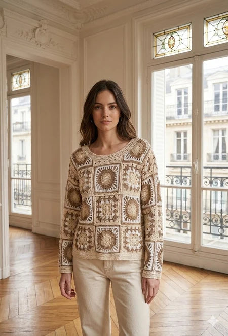 Lucie Openwork Crochet Sweater - Beige