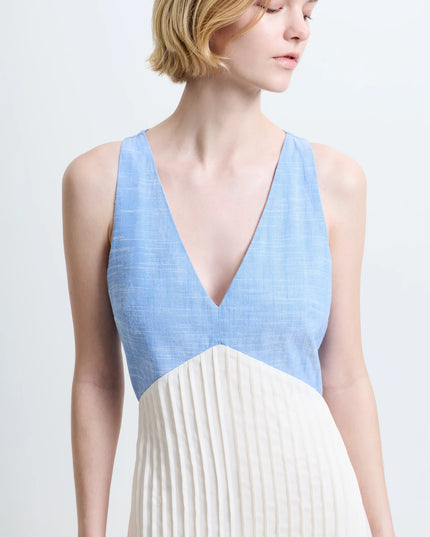 Colby Chambray Pleat Mix Dress - Porcelain