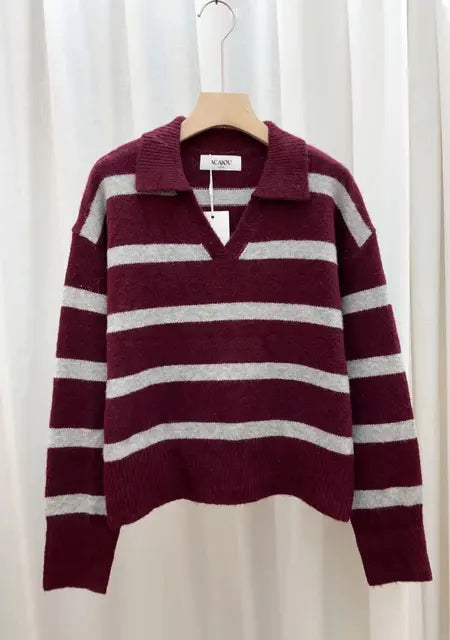 Jennie V-Neck Striped Sweater - Burgundy