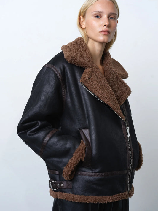 Suedette Zip Up Jacket - Black Brown