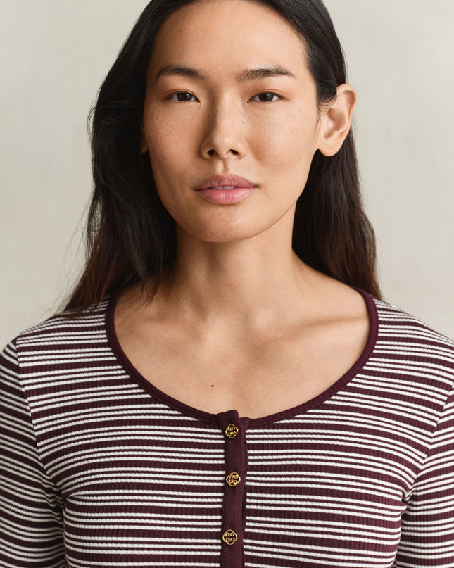 Ribbed Long Sleeve Henley Top - Darkened Wine