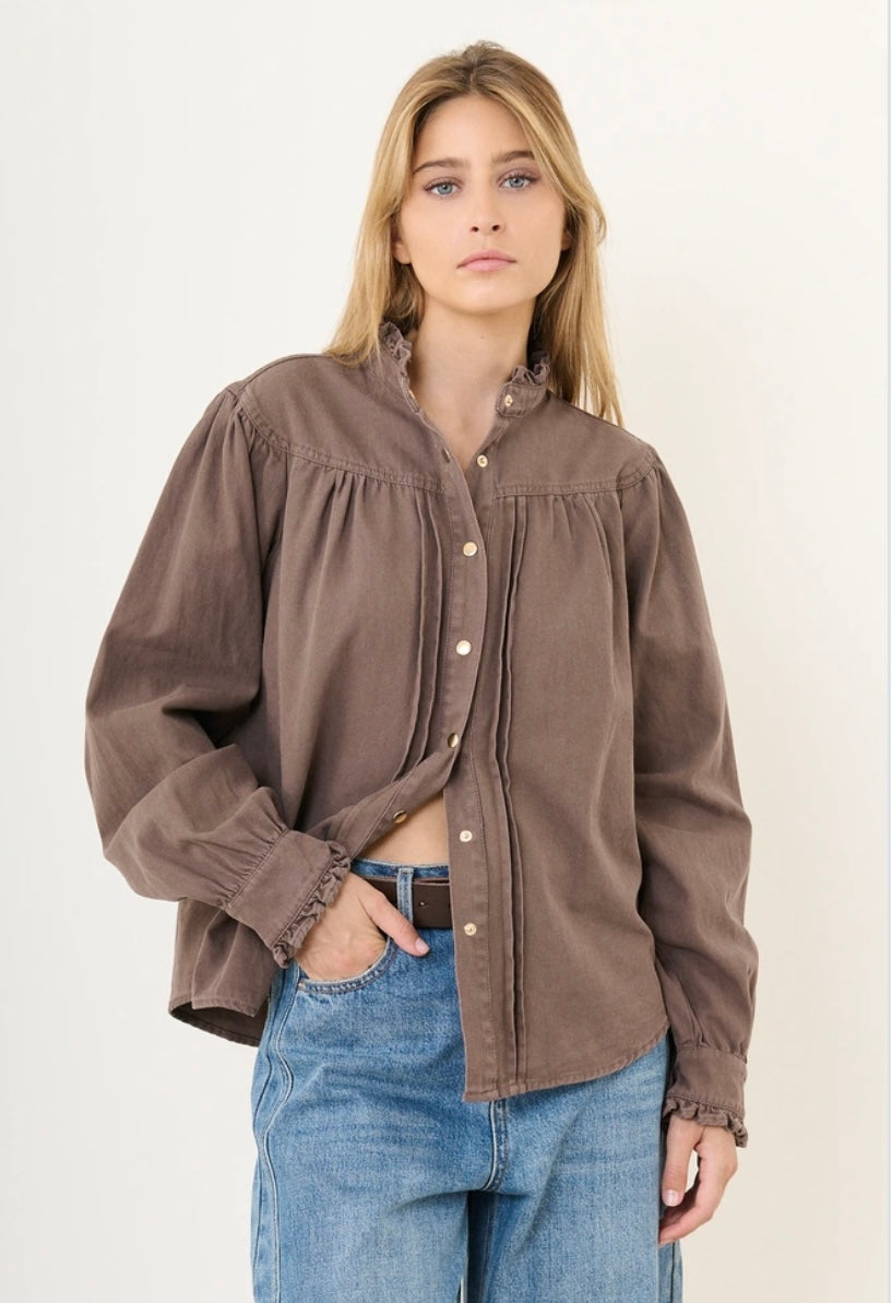 Ruffled Collar Denim Shirt - Coffee