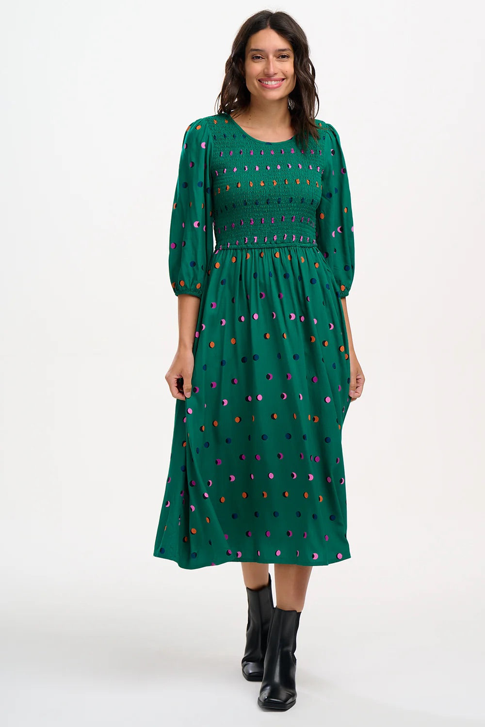 Sugarhill Brighton - Gretel Shirred Midi Dress - Green, Rainbow Shadow Polka