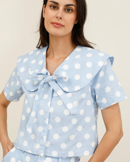 Lana Retro Polka Dot Peter Pan Top - Blue