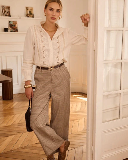 June Wide Houndstooth Trouser - Taupe