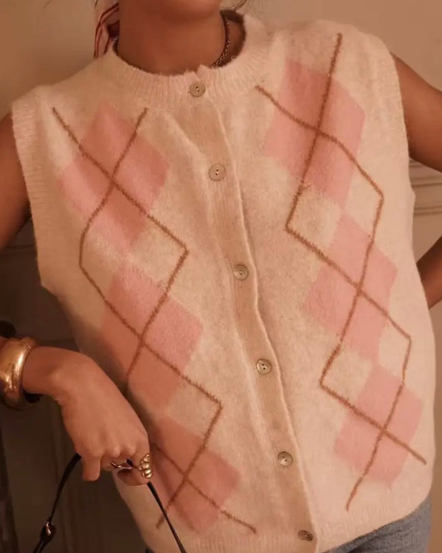 Sára Knit Argyle Vest - Cream