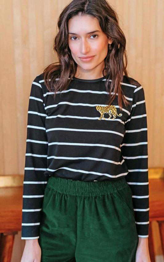 Josie Jersey Top - Black/White, Stripe Leopard