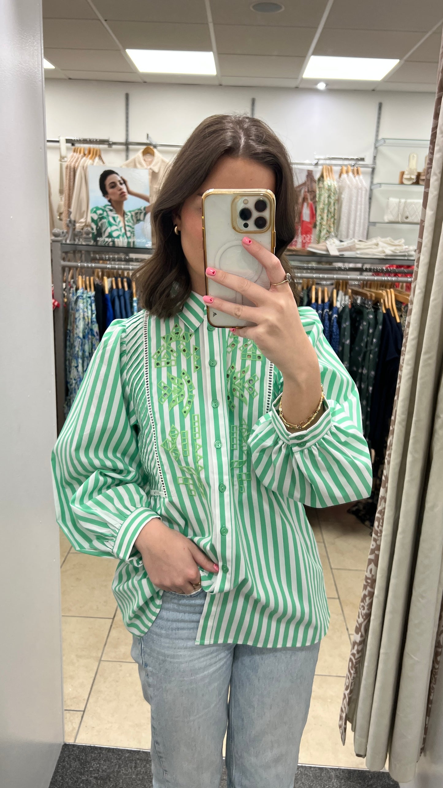 EsQualo Striped Embroidered Blouse - Off White/Green