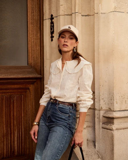 Bonnie Embroidered Peter Pan Blouse - Beige