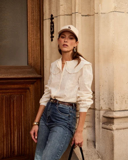 Bonnie Embroidered Peter Pan Blouse - Beige