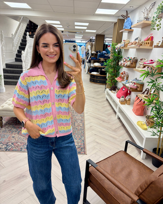 Maya Short Sleeve Open Knit Cardigan - Pink