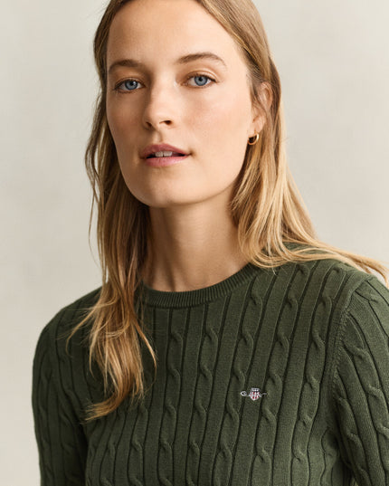 Stretch Cotton Cable Knit Crew Neck Sweater - Mossy Green