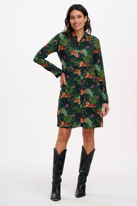 Sugarhill Brighton - Henrietta Mini Shirt Dress - Dark Green, Tigers & Palms