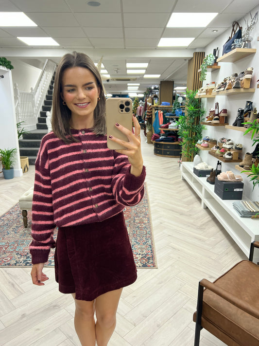Amelia Wool Blend Cardigan - Burgundy/Pink Stripe
