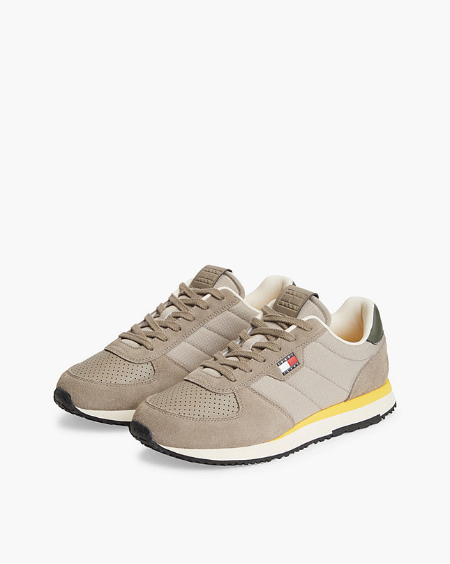 Suede Mixed Texture Trainer - Taupe Clay/Pewter Green